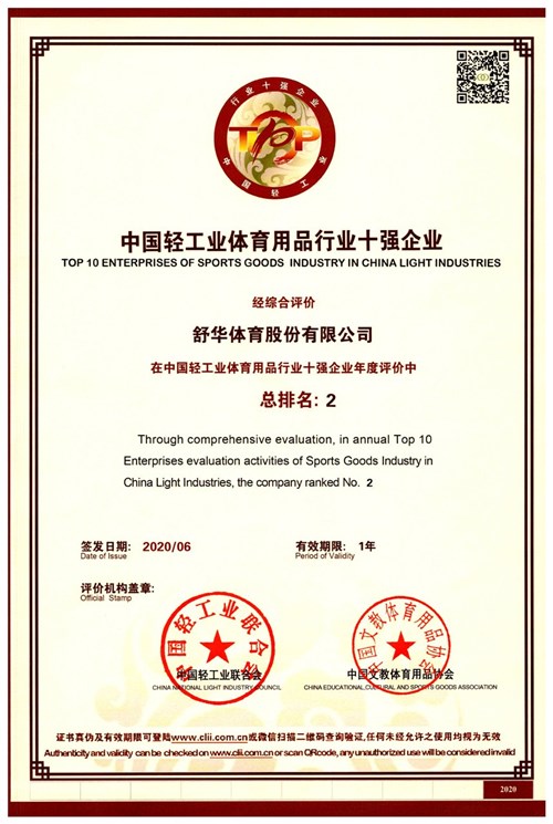恭賀米兰·(milan)中国官方网站體育代理的品牌-舒華榮獲"中國(guó)輕工業(yè)體育用品行業(yè)十強(qiáng)企業(yè)"